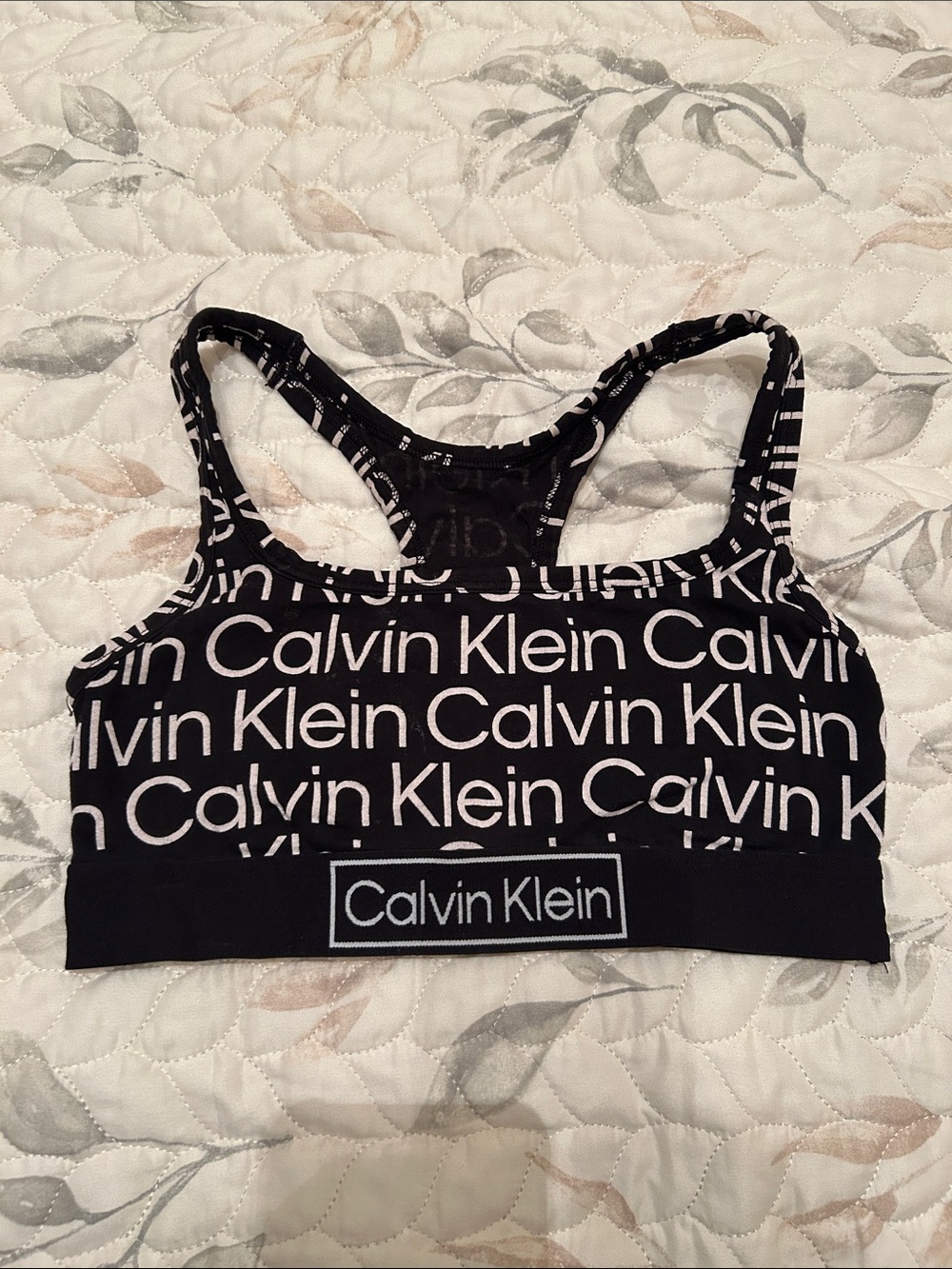 Calvin Klein Black Branded Racerback Sports Bra with White Logo Print